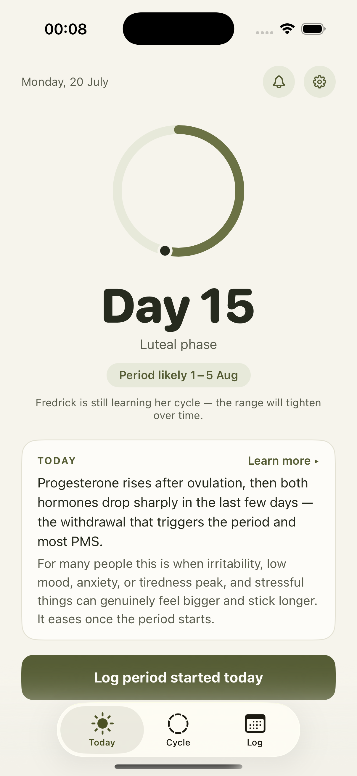 Fredrick's Today screen — Day 15, Luteal phase, with the next period shown as a range